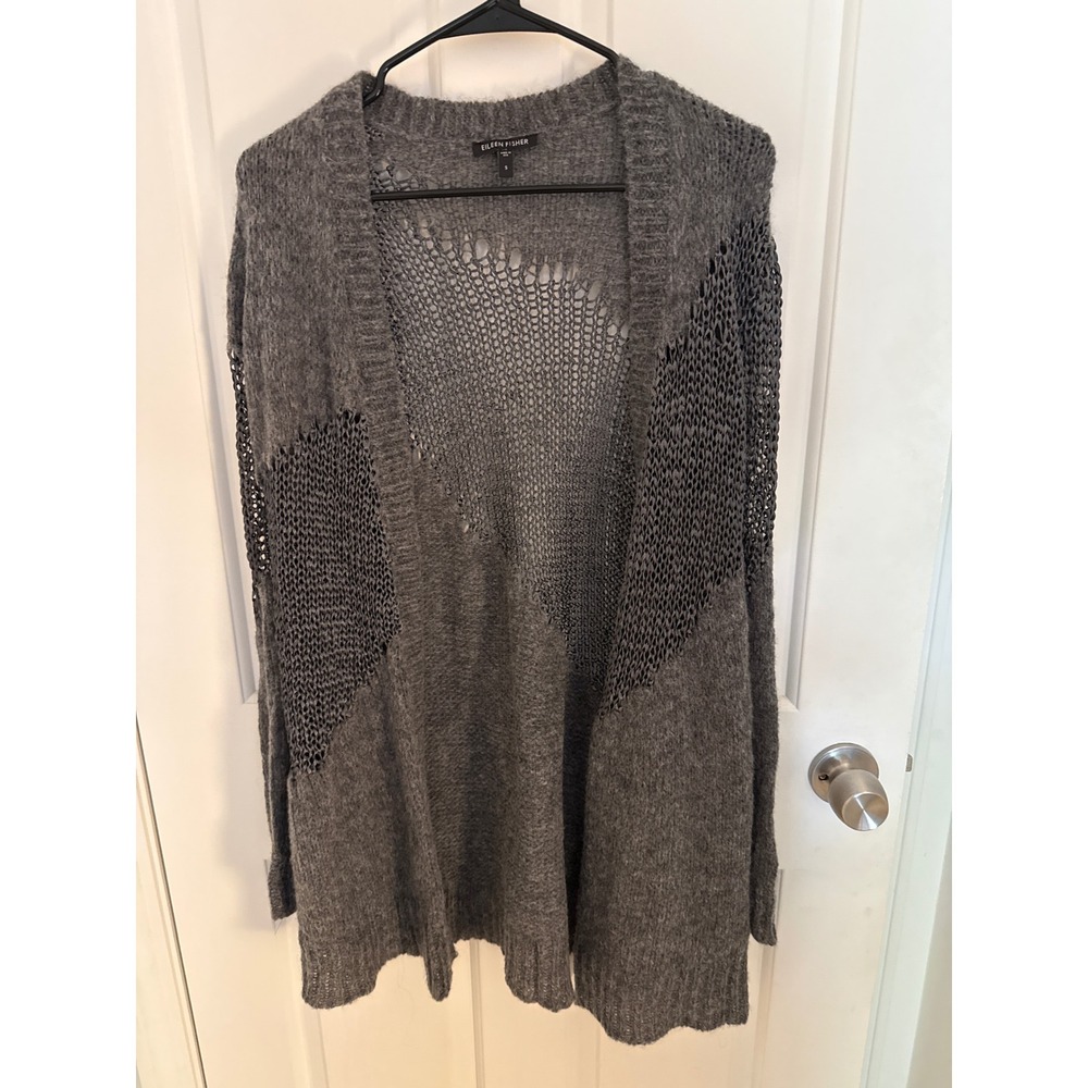 Eileen Fisher Gray Alpaca Wool Blend Mesh Crochet Open Front Cardigan Sweater S